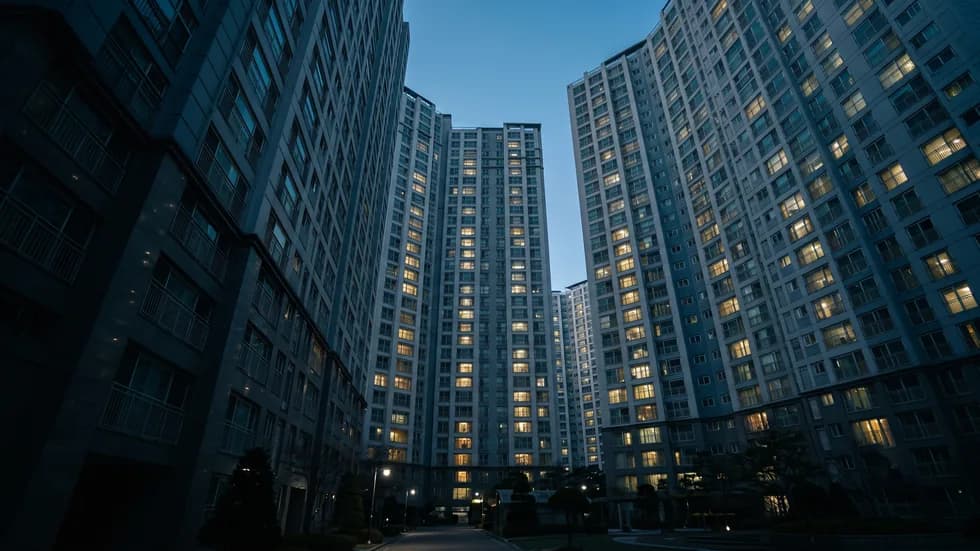 해질 무렵 창문에 불이 켜진 아파트 단지