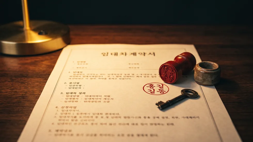 임대차 계약서 위에 도장과 집 열쇠가 놓인 책상
